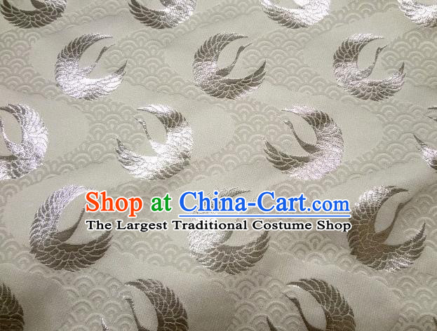 Asian Japanese Traditional Kimono Classical Round Cranes Pattern White Tapestry Satin Brocade Fabric Baldachin Silk Material