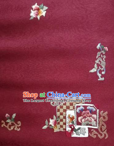 Asian Traditional Fabric Classical Embroidered Flowers Pattern Wine Red Brocade Satin Silk Material