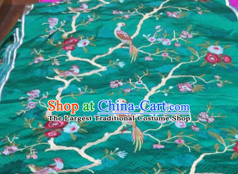 Asian Traditional Fabric Classical Embroidered Bird Flowers Pattern Green Brocade Chinese Satin Silk Material