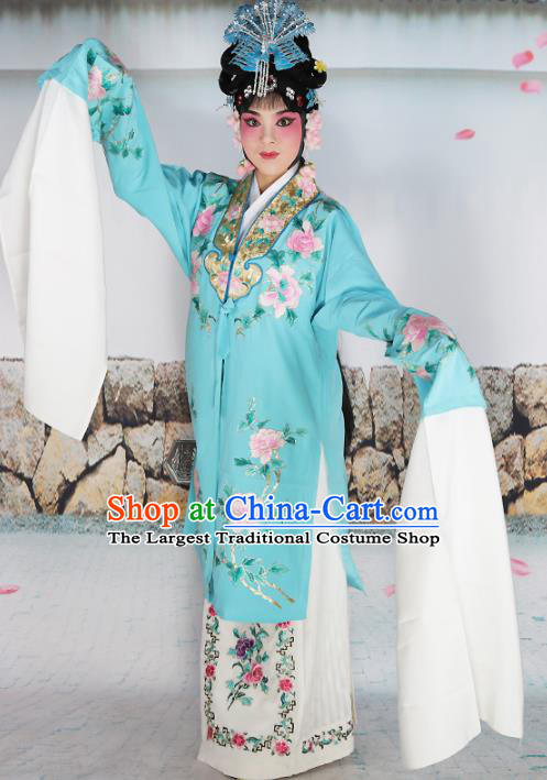 Chinese Traditional Beijing Opera Blue Embroidered Robe Ancient Palace Princess Costume for Women