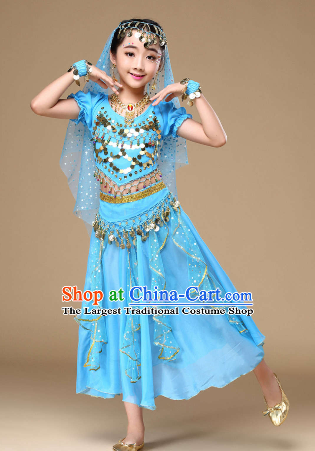 Light Blue Indian Traditional Belly Dancing Costumes Asian India Oriental Dance Costume Complete Set for Kids