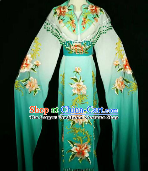 Traditional Chinese Peking Opera Peri Embroidered Peony Green Dress Ancient Court Princess Costume for Women