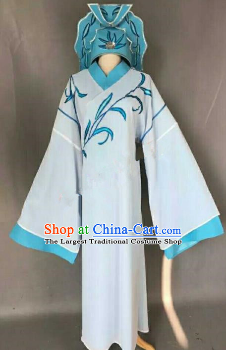 Chinese Traditional Peking Opera Niche Costume Ancient Number One Scholar Embroidered Blue Robe for Men