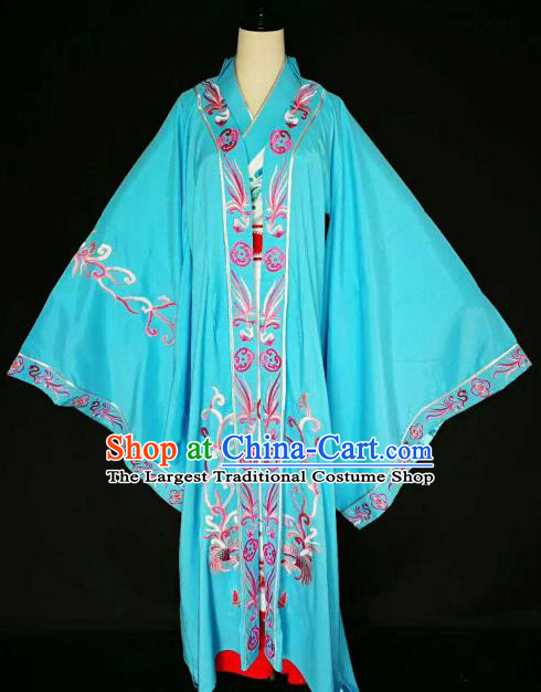 Chinese Traditional Peking Opera Artiste Costume Ancient Queen Embroidered Blue Dress for Women