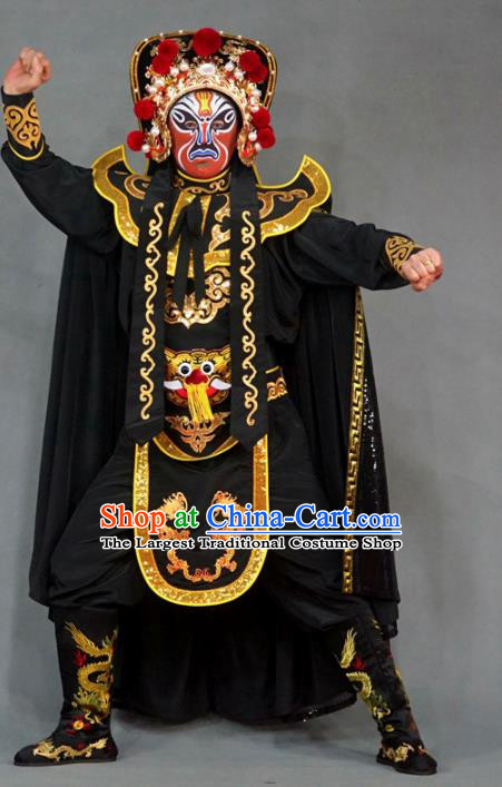 Chinese Traditional Sichuan Opera Face Changing Black Embroidered Costume and Hat Complete Set