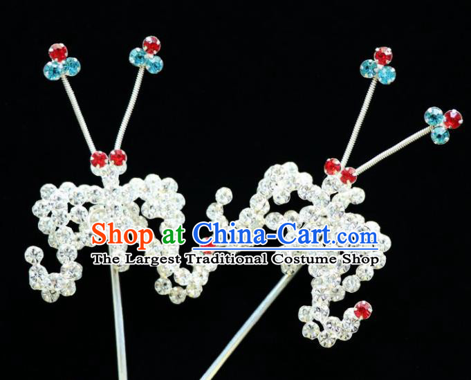 Chinese Ancient Princess Crystal Bats Hairpins Traditional Peking Opera Artiste Hair Accessories for Women