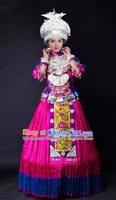 Chinese Traditional Ethnic Costume Miao Nationality Folk Dance Wedding Rosy Dress for Women