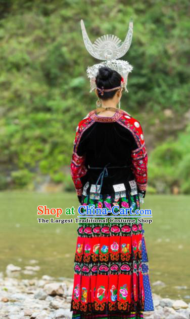 Chinese Traditional Ethnic Folk Dance Costume Miao Nationality Embroidered Dress and Headdress for Women