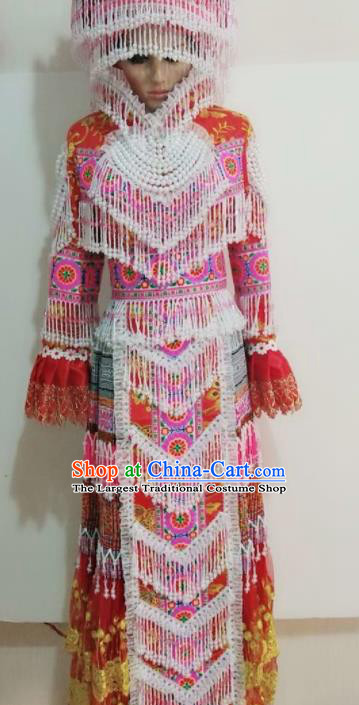 Chinese Traditional Ethnic Folk Dance Costume Miao Nationality Wedding Beads Tassel Dress and Headdress for Women
