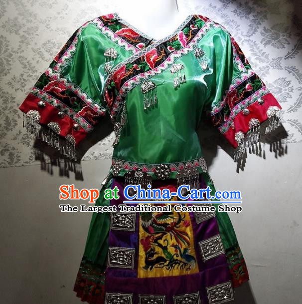Chinese Traditional Hmong Ethnic Folk Dance Costume China Miao Nationality Embroidered Green Dress for Women