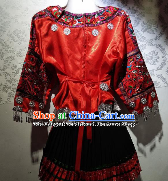 Chinese Traditional Hmong Ethnic Folk Dance Costume China Miao Nationality Embroidered Red Dress for Women