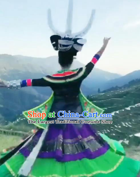 Chinese Traditional Hmong Ethnic Wedding Costume China Miao Nationality Folk Dance Embroidered Green Dress for Women