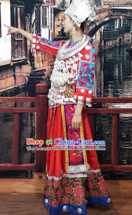 Chinese Traditional Hmong Ethnic Wedding Costume Miao Nationality Folk Dance Dress and Headdress for Women