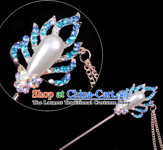 Professional Chinese Traditional Beijing Opera Hair Accessories Ancient Princess Blue Crystal Hairpins for Women