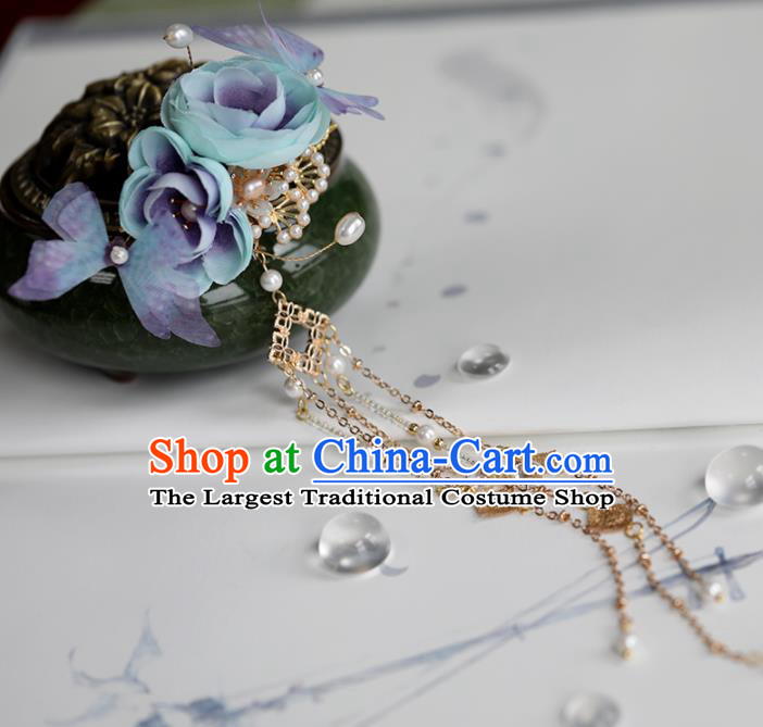 Chinese Traditional Hanfu Hair Accessories Ancient Princess Blue Roses Butterfly Hair Claw Hairpins for Women