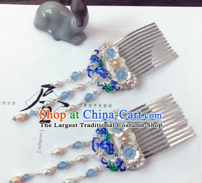 Chinese Ancient Princess Blueing Pearls Tassel Hair Combs Traditional Hanfu Hair Accessories for Women