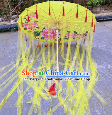 Chinese Ancient Drama Prop Umbrella Traditional Printing Yellow Ribbon Handmade Umbrellas