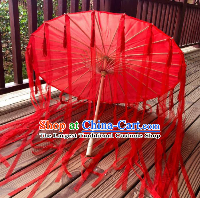 Chinese Ancient Drama Prop Umbrella Traditional Handmade Red Ribbon Umbrellas