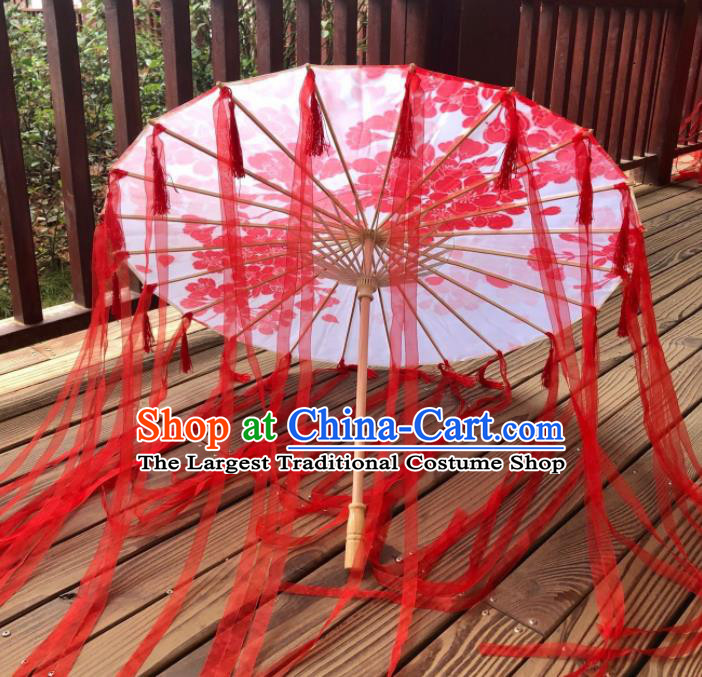 Chinese Ancient Drama Prop Printing Umbrella Traditional Handmade Red Ribbon Umbrellas