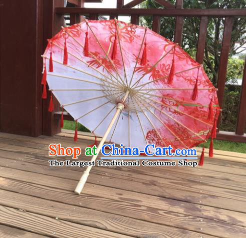 Chinese Ancient Drama Prop Printing Silk Umbrella Traditional Handmade Red Tassel Umbrellas