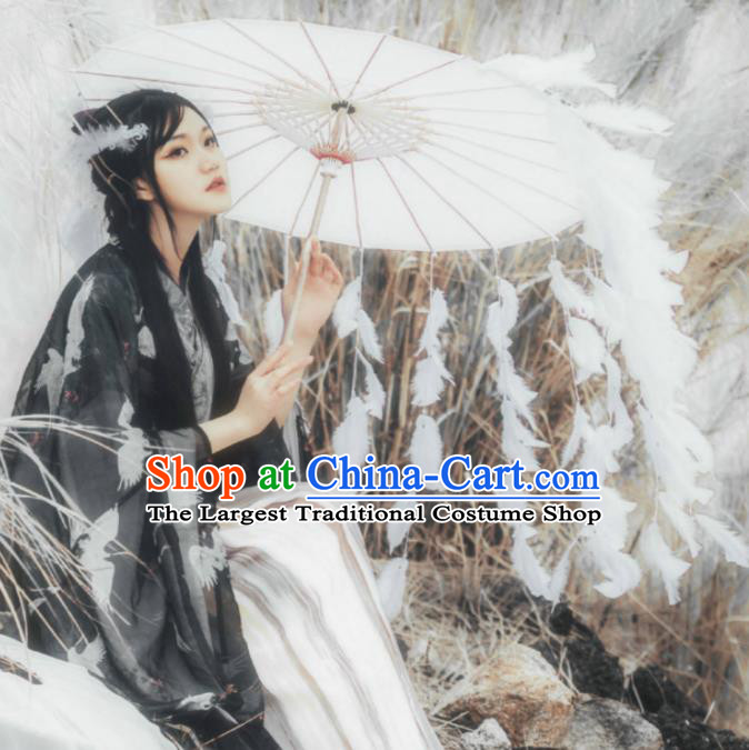 Chinese Ancient Princess Feather Tassel Umbrella Traditional Handmade Hanfu Paper Umbrellas for Women