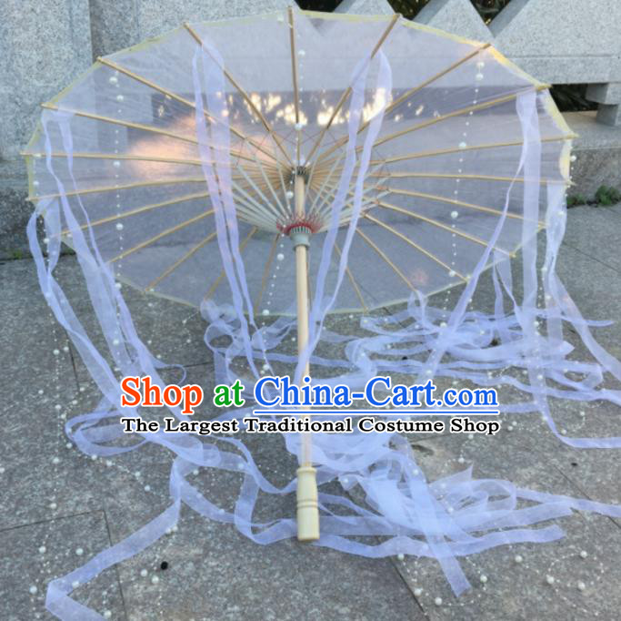 Chinese Ancient Princess Umbrella Traditional Handmade White Ribbon Umbrellas for Women