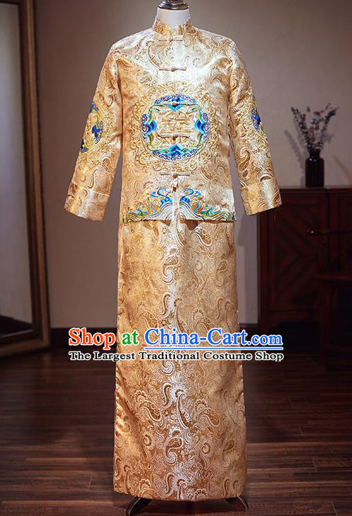 Chinese Traditional Wedding Costume Ancient Bridegroom Embroidered Golden Tang Suit Clothing for Men