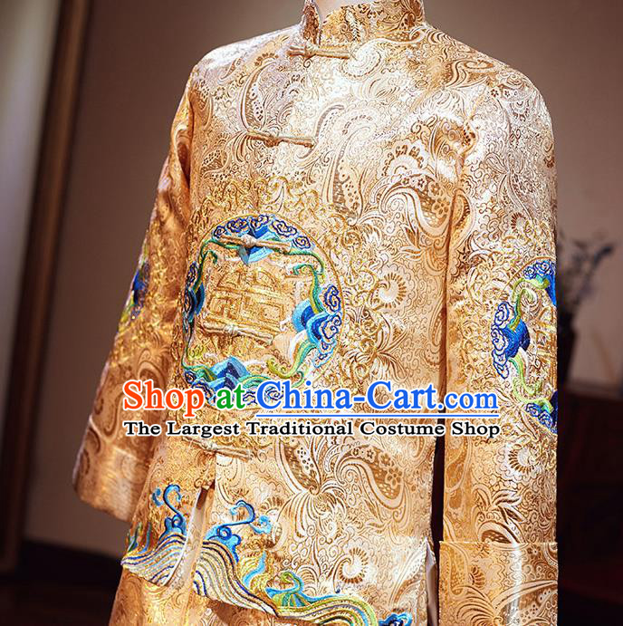 Chinese Traditional Wedding Costume Ancient Bridegroom Embroidered Golden Tang Suit Clothing for Men