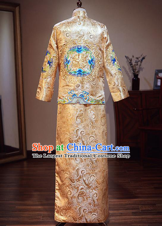 Chinese Traditional Wedding Costume Ancient Bridegroom Embroidered Golden Tang Suit Clothing for Men