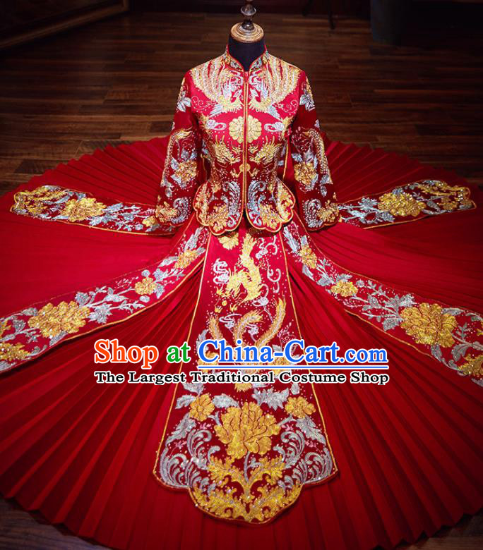 Chinese Traditional Bride Red Xiuhe Suit Ancient Wedding Embroidered Phoenix Dress for Women