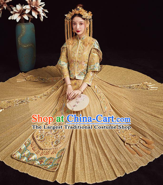 Chinese Traditional Bride Golden Xiuhe Suit Ancient Wedding Embroidered Dress for Women