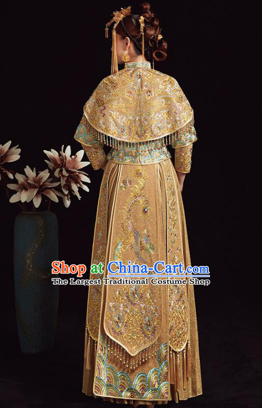 Chinese Traditional Bride Golden Xiuhe Suit Ancient Wedding Embroidered Dress for Women