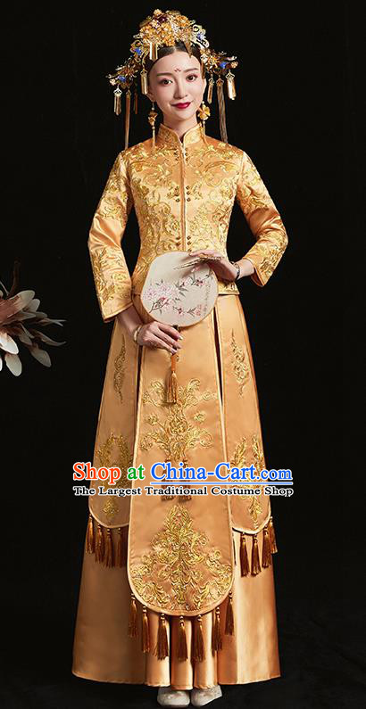 Chinese Traditional Bride Golden Xiuhe Suit Ancient Wedding Embroidered Dress for Women