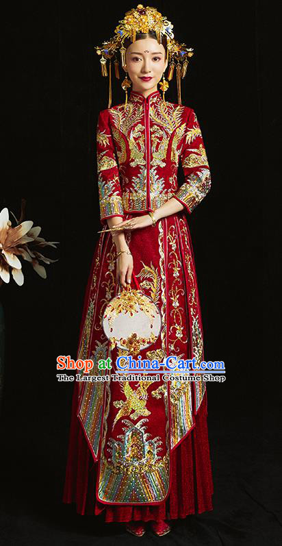 Chinese Traditional Bride Diamante Costume Embroidered Phoenix Xiuhe Suit Ancient Wedding Dress for Women