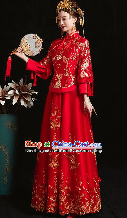 Chinese Traditional Bride Costume Embroidered Phoenix Xiuhe Suit Ancient Wedding Red Veil Dress for Women