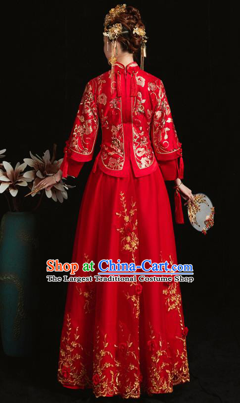 Chinese Traditional Bride Costume Embroidered Phoenix Xiuhe Suit Ancient Wedding Red Veil Dress for Women