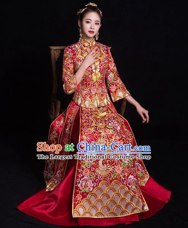 Chinese Traditional Bride Costume Embroidered Phoenix Peony Xiuhe Suit Ancient Wedding Dress for Women