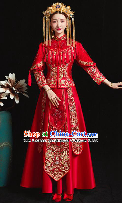 Chinese Traditional Bride Costume Embroidered Xiuhe Suit Ancient Wedding Red Tassel Dress for Women