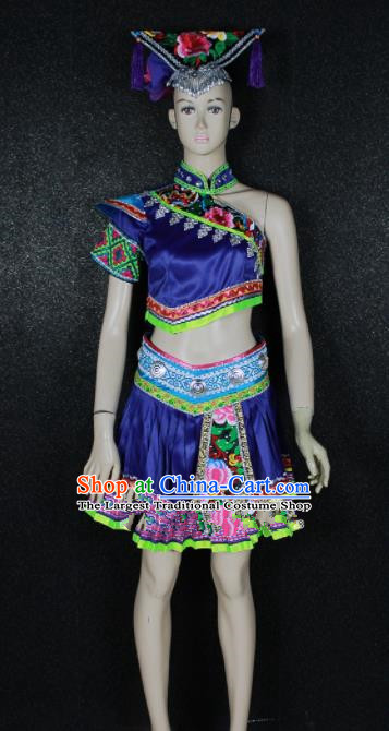 Chinese Traditional Zhuang Nationality Embroidered Royalblue Dress Ethnic Folk Dance Costume for Women