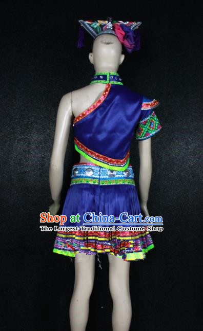 Chinese Traditional Zhuang Nationality Embroidered Royalblue Dress Ethnic Folk Dance Costume for Women