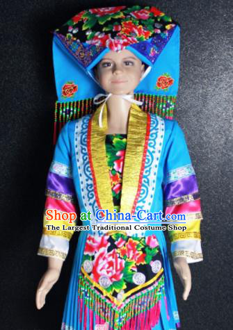 Chinese Traditional Zhuang Nationality Blue Clothing Ethnic Folk Dance Costume for Kids