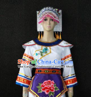 Chinese Traditional Zhuang Nationality Embroidered White Dress Ethnic Folk Dance Costume for Women