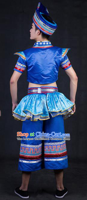 Chinese Traditional Zhuang Nationality Royalblue Clothing Ethnic Bridegroom Folk Dance Costume for Men