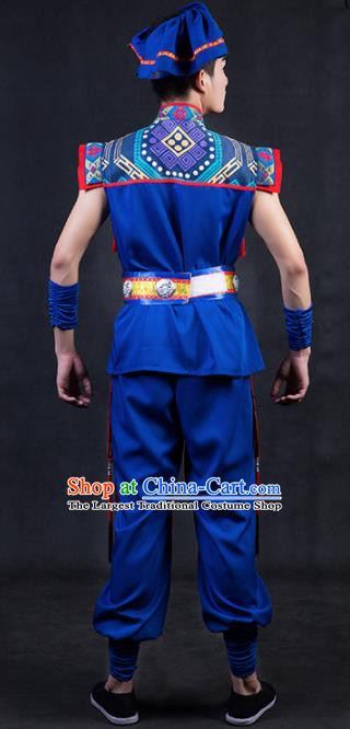 Chinese Traditional Yao Nationality Royalblue Clothing Ethnic Bridegroom Folk Dance Costume for Men