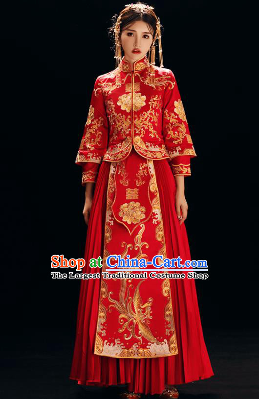 Chinese Traditional Bride Costume Xiuhe Suit Ancient Wedding Red Embroidered Dress for Women