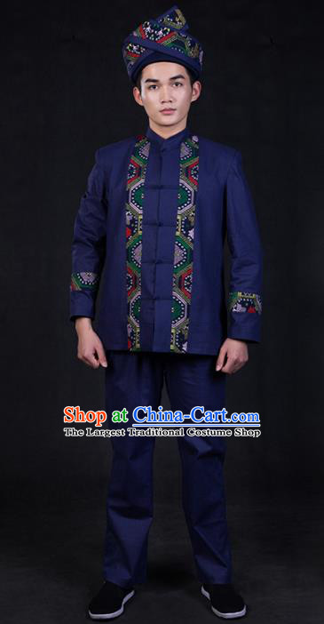 Chinese Traditional Zhuang Nationality Navy Blue Clothing Ethnic Festival Folk Dance Costume for Men