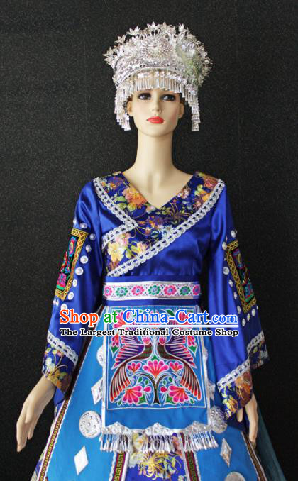Chinese Traditional Miao Nationality Wedding Embroidered Blue Dress Ethnic Folk Dance Costume for Women