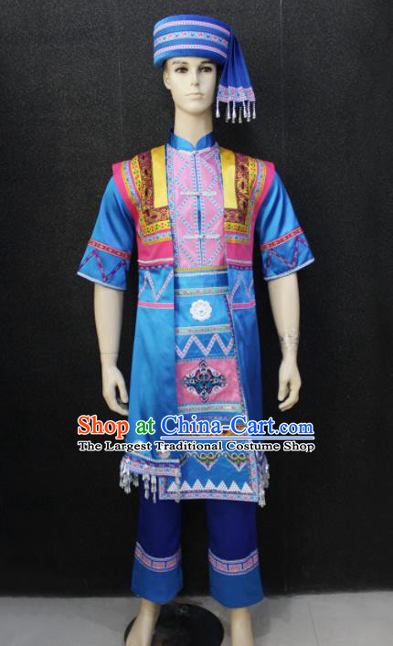 Chinese Traditional Zhuang Nationality Blue Clothing Ethnic Festival Folk Dance Costume for Men