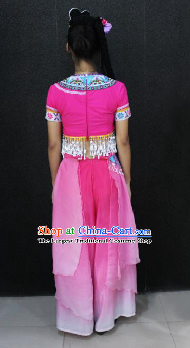 Chinese Traditional Zhuang Nationality Pink Dress Ethnic Folk Dance Costume for Women