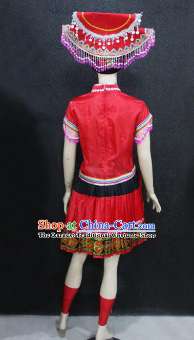 Chinese Traditional Zhuang Nationality Red Dress Ethnic Folk Dance Costume for Women